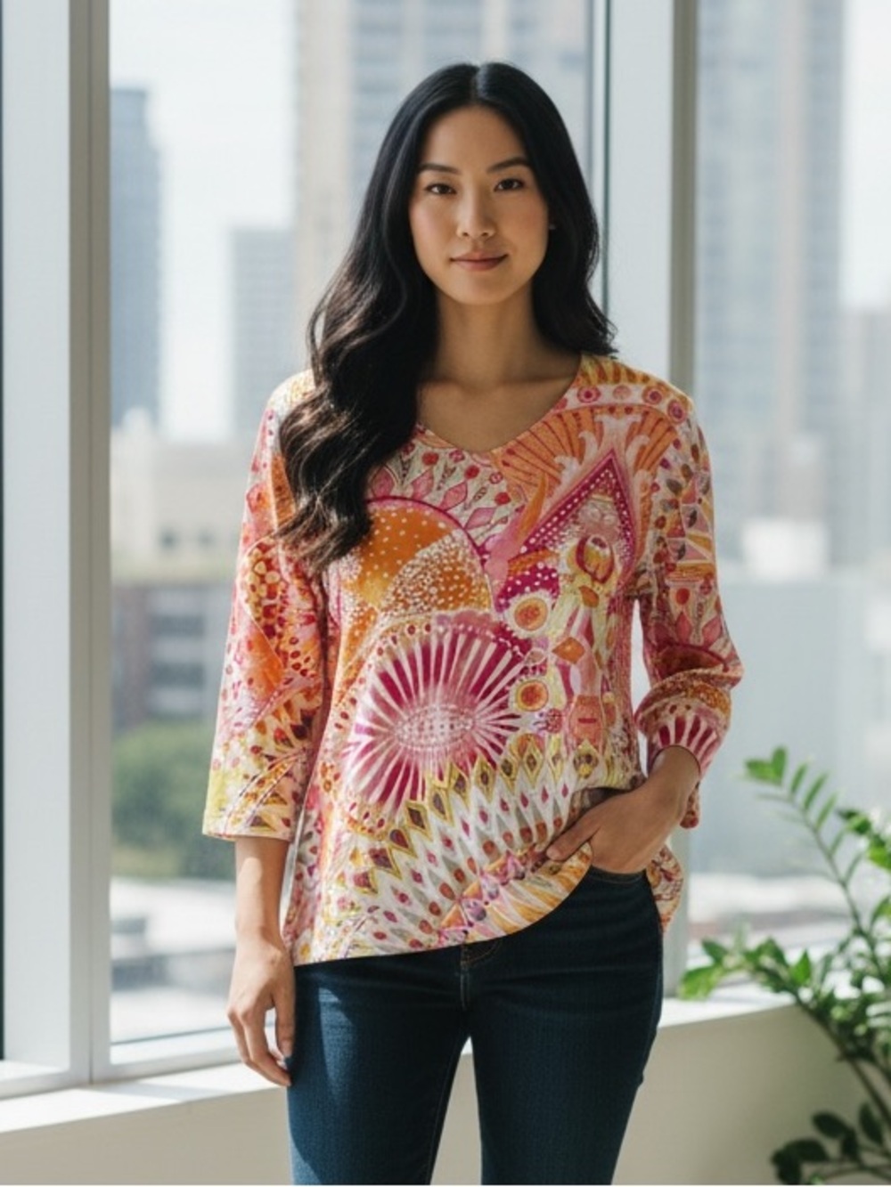 Chico's Pink Orange Vibrant Printed V-Neck Long Sleeve Tee 2 12 L